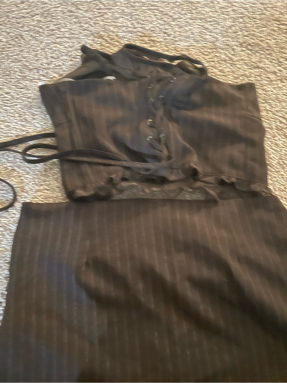 High-Waist Dark Brown Pinstripe Midi Skirt